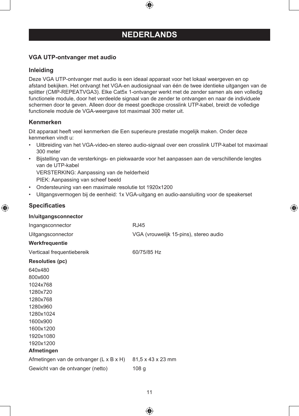 Nederlands, Gebruiksaanwijzing (p. 11), Vga over utp-ontvanger | Konig Electronic VGA over UTP receiver User Manual | Page 11 / 44
