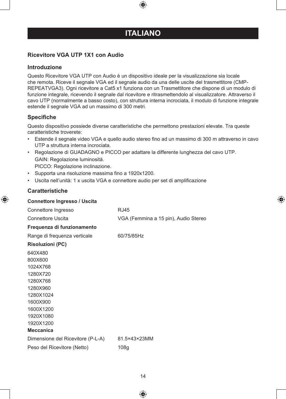 Italiano, Manuale (p. 14), Ricevitore per estensione vga con | Cavo utp | Konig Electronic VGA over UTP receiver User Manual | Page 14 / 44