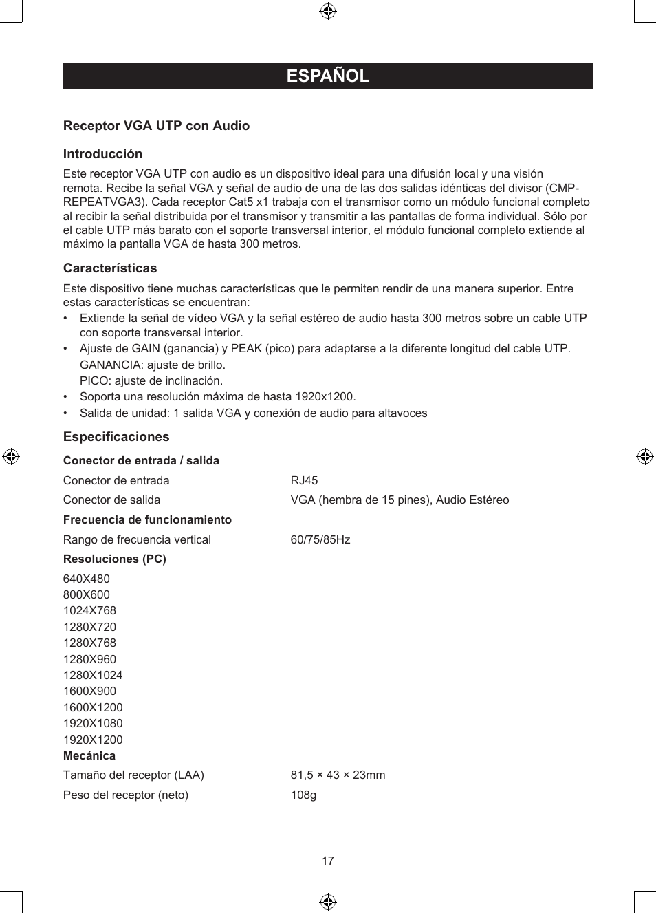 Español, Manual de uso (p. 17), Receptor vga sobre utp | Konig Electronic VGA over UTP receiver User Manual | Page 17 / 44