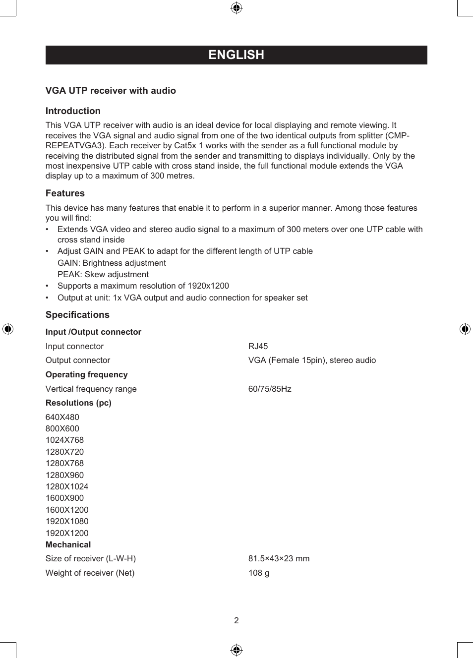 English, Manual (p. 2), Vga over utp receiver | Konig Electronic VGA over UTP receiver User Manual | Page 2 / 44