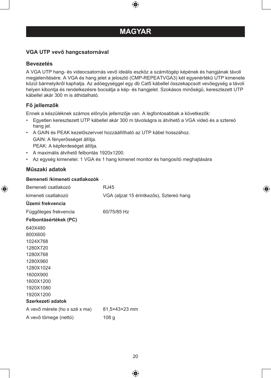 Magyar, Használati útmutató (o. 20.), Utp kábeles vga vevő | Konig Electronic VGA over UTP receiver User Manual | Page 20 / 44