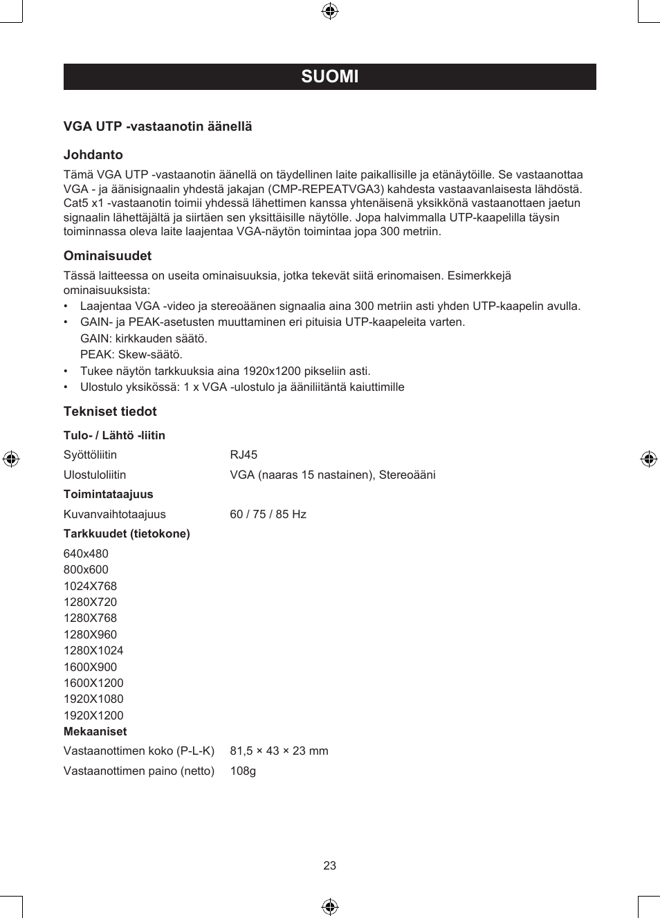 Suomi, Käyttöohje (s. 23), Vga / utp –vastaanotin äänellä | Konig Electronic VGA over UTP receiver User Manual | Page 23 / 44