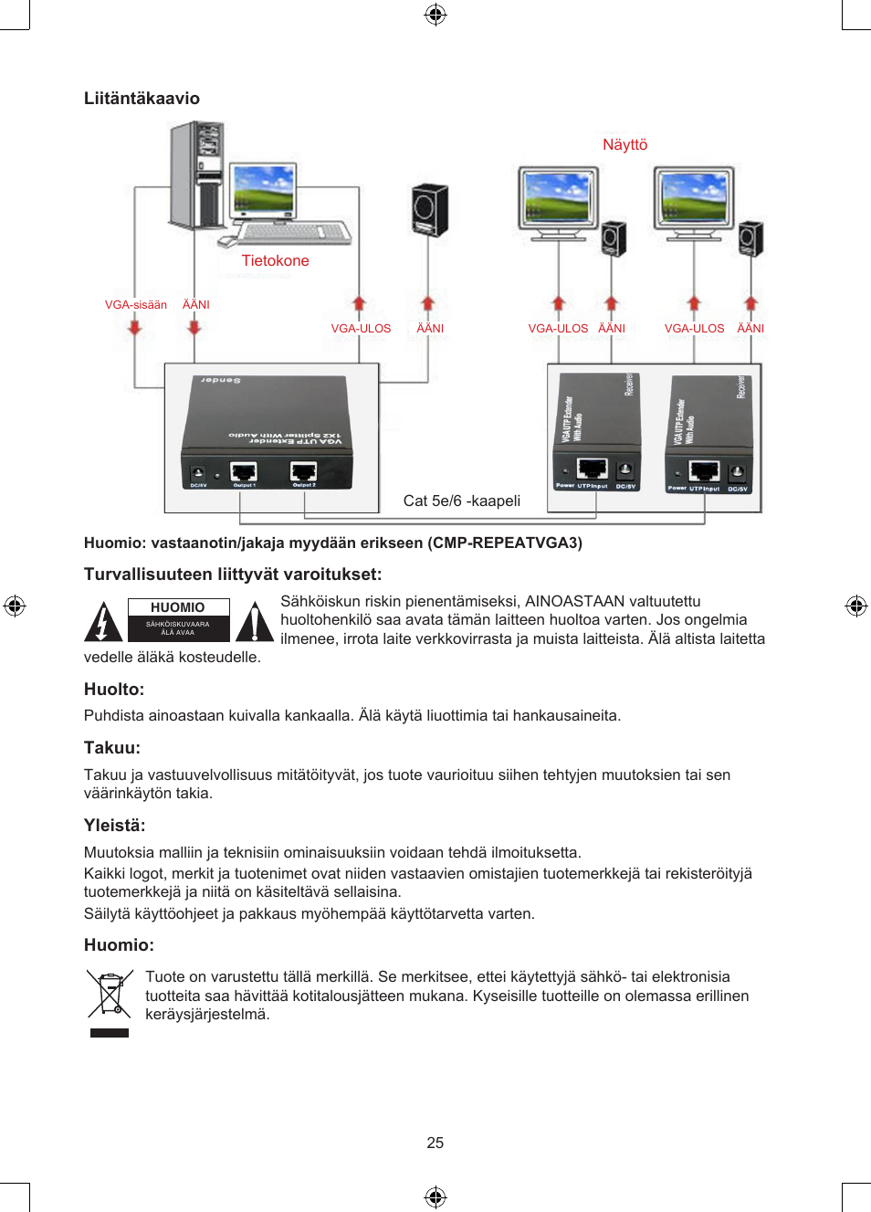 Liitäntäkaavio, Turvallisuuteen liittyvät varoitukset, Huolto | Takuu, Yleistä, Huomio | Konig Electronic VGA over UTP receiver User Manual | Page 25 / 44