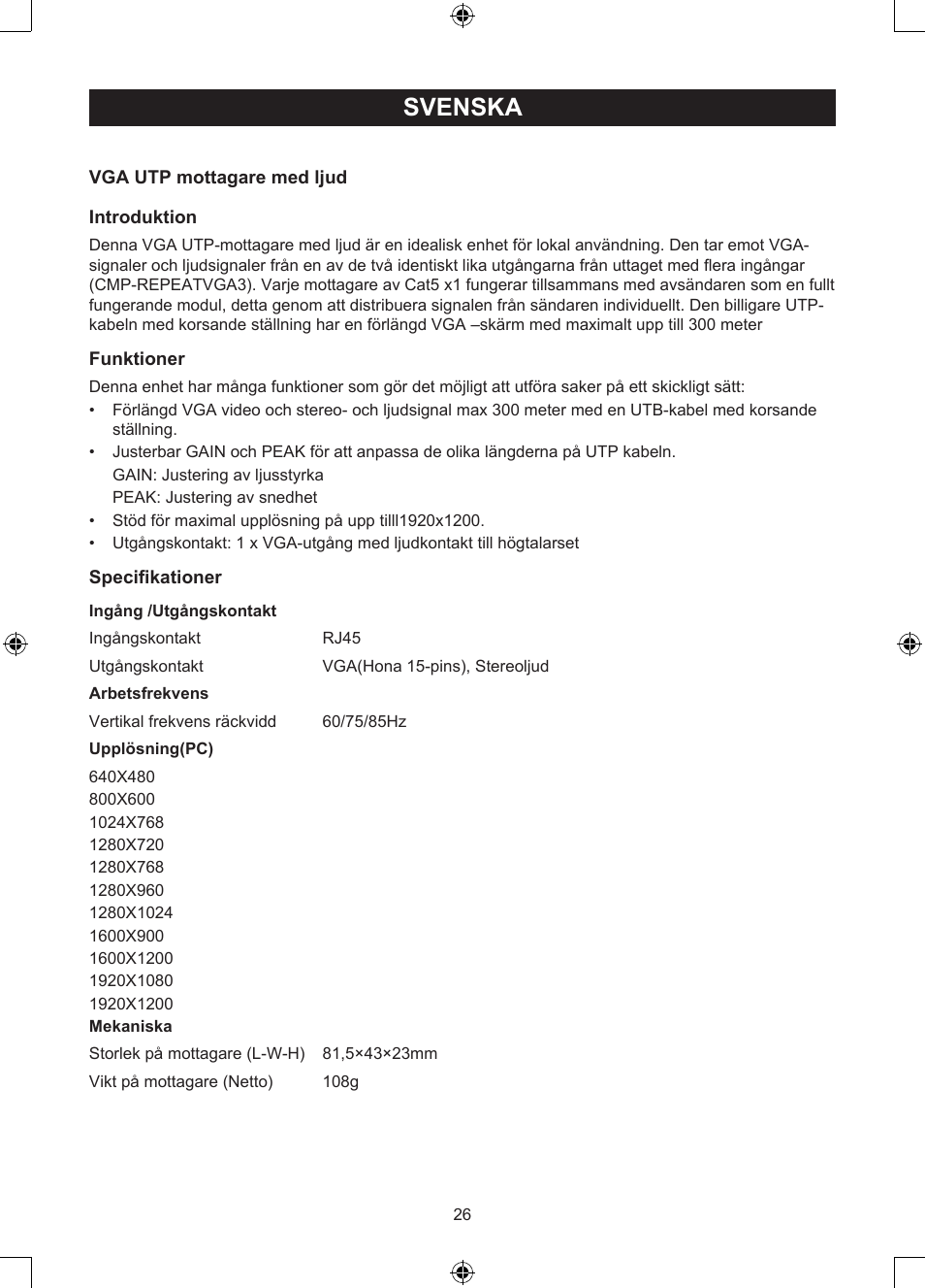 Svenska, Bruksanvisning (s. 26), Vga utp mottagare | Konig Electronic VGA over UTP receiver User Manual | Page 26 / 44