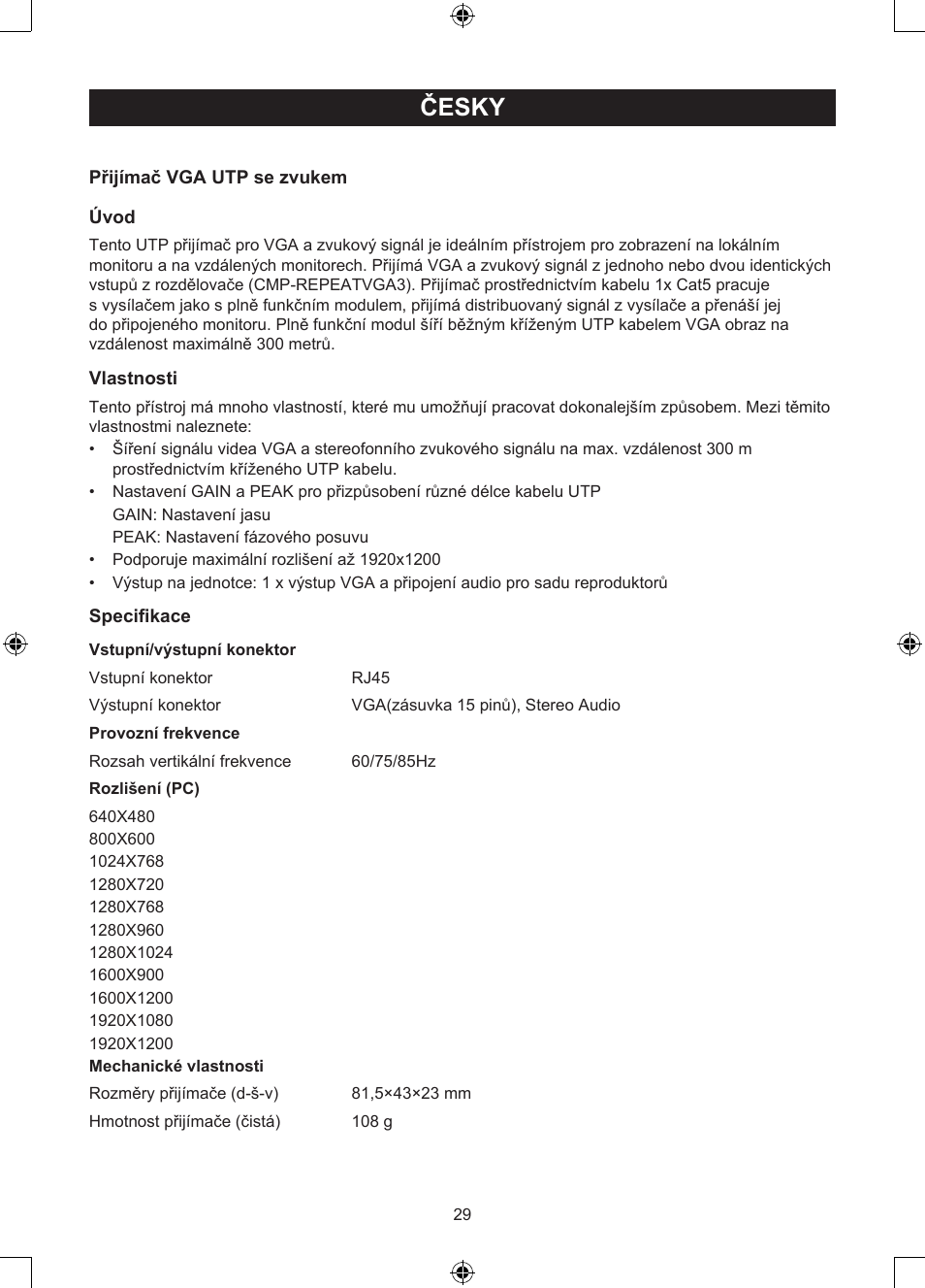 Česky, Návod k použití (s. 29), Přijímač vga přes utp | Konig Electronic VGA over UTP receiver User Manual | Page 29 / 44