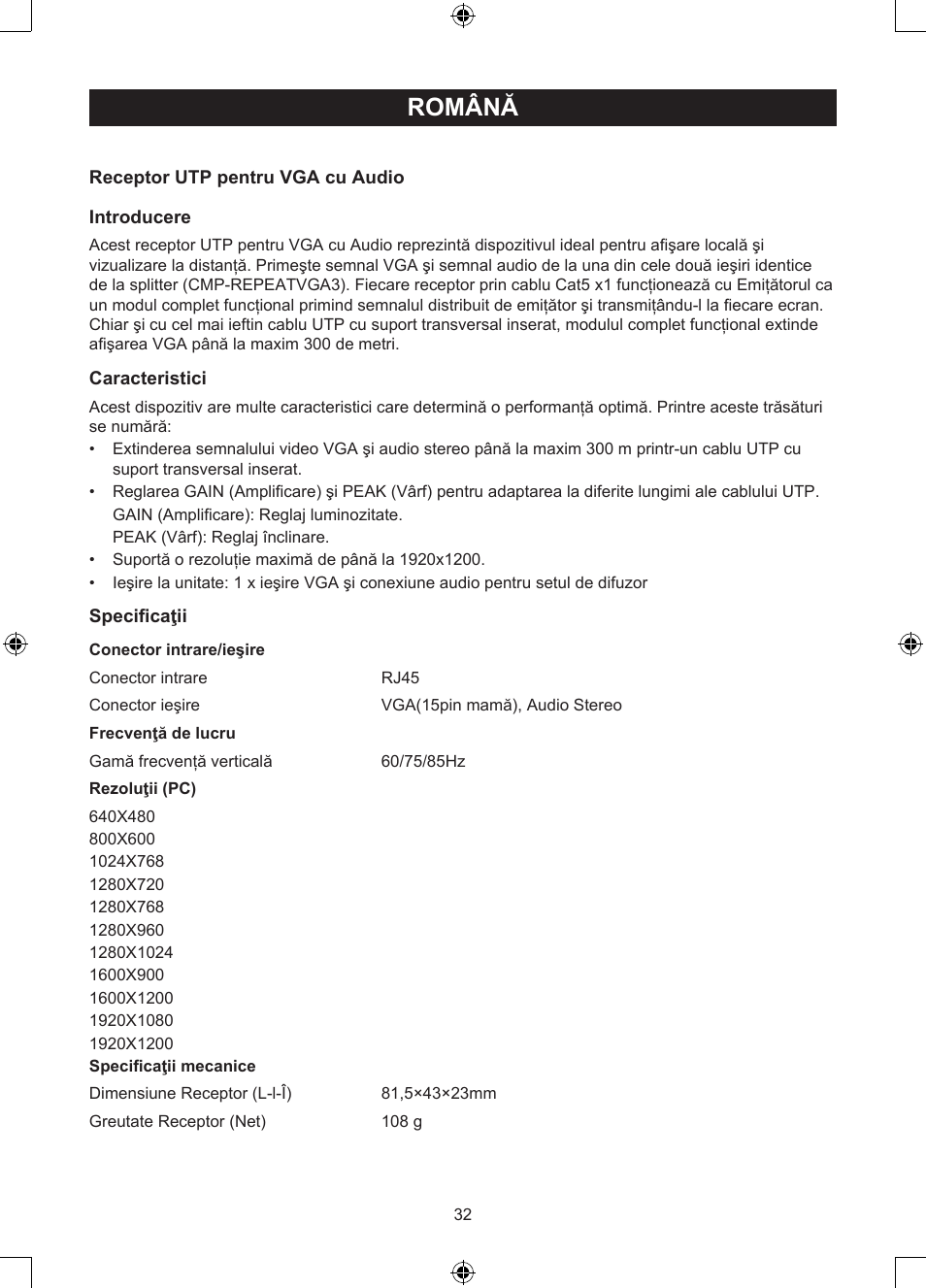 Română, Manual de utilizare (p. 32), Vga prin receptor utp | Konig Electronic VGA over UTP receiver User Manual | Page 32 / 44