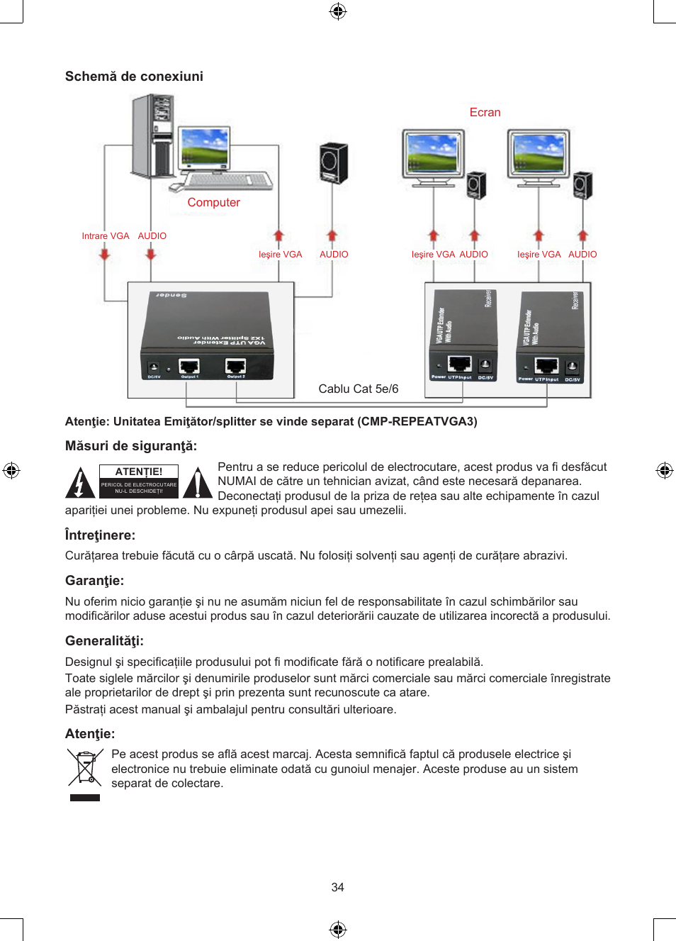 Schemă de conexiuni, Măsuri de siguranţă, Întreţinere | Garanţie, Generalităţi, Atenţie | Konig Electronic VGA over UTP receiver User Manual | Page 34 / 44
