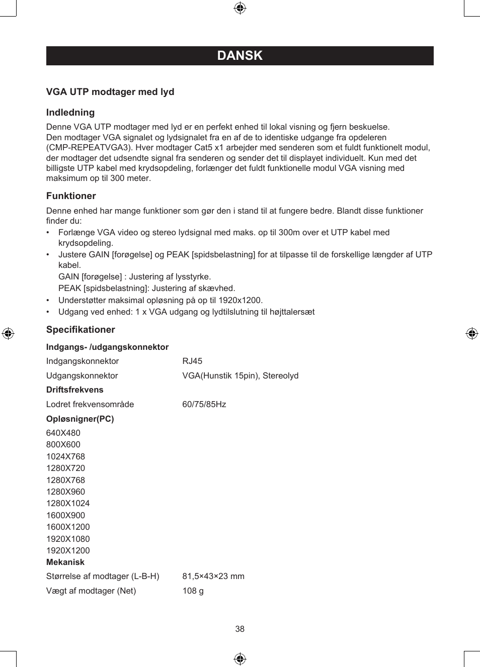 Dansk, Brugervejledning (p. 38), Vga over utp modtager | Konig Electronic VGA over UTP receiver User Manual | Page 38 / 44