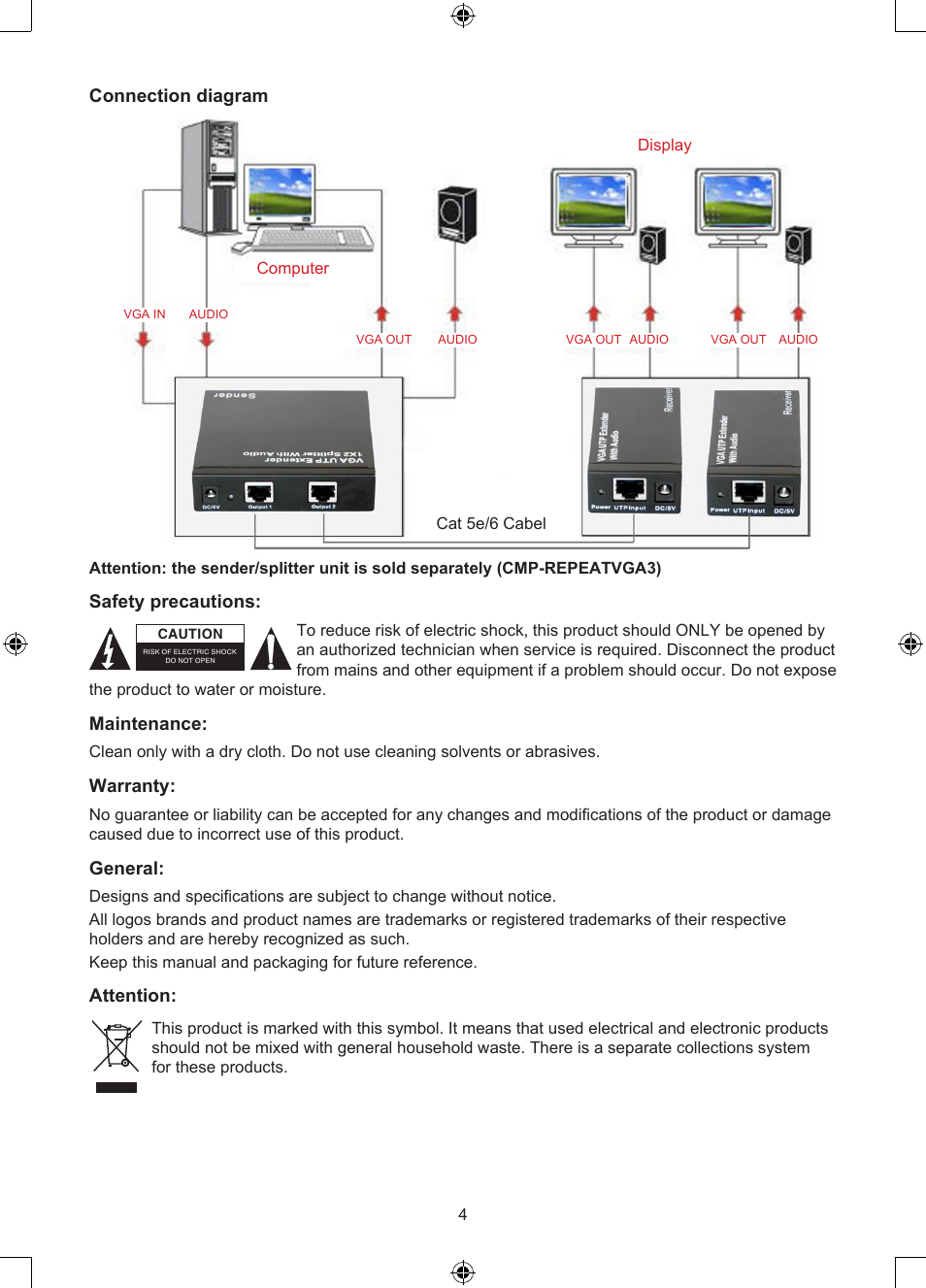 Connection diagram, Safety precautions, Maintenance | Warranty, General, Attention | Konig Electronic VGA over UTP receiver User Manual | Page 4 / 44