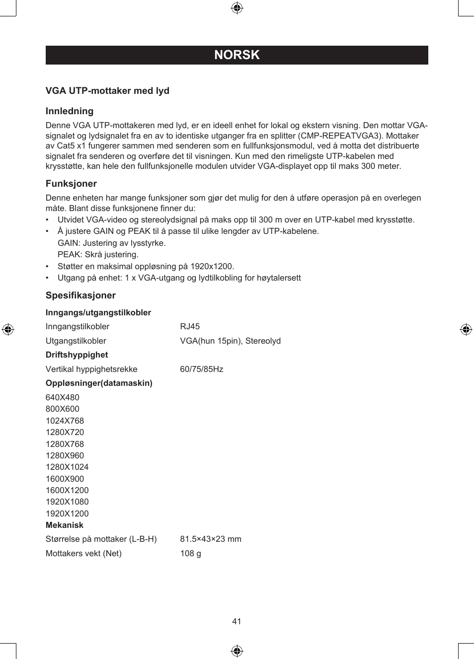 Norsk, Veiledning (p. 41), Vga over utp-mottaker | Konig Electronic VGA over UTP receiver User Manual | Page 41 / 44