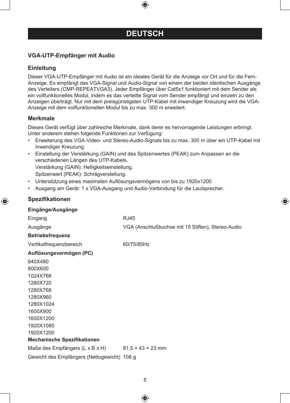 Deutsch, Anleitung (s. 5), Vga-über-utp-empfänger | Konig Electronic VGA over UTP receiver User Manual | Page 5 / 44