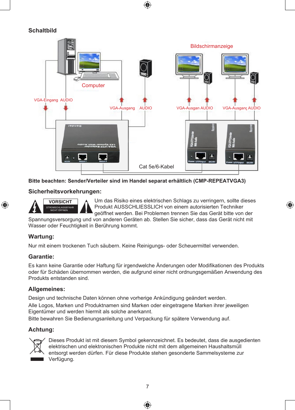 Schaltbild, Sicherheitsvorkehrungen, Wartung | Garantie, Allgemeines, Achtung | Konig Electronic VGA over UTP receiver User Manual | Page 7 / 44