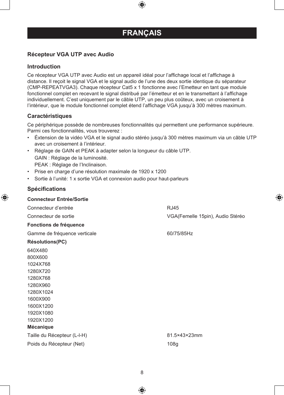 Français, Mode d’emploi (p. 8), Récepteur vga sur utp | Konig Electronic VGA over UTP receiver User Manual | Page 8 / 44