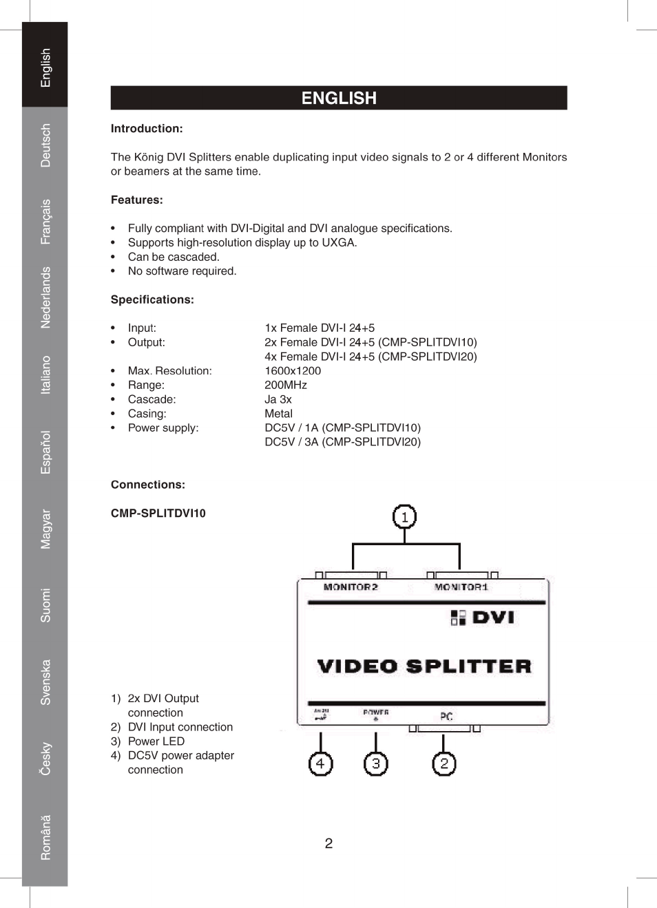 Konig Electronic 2 port dvi splitter User Manual | Page 2 / 48