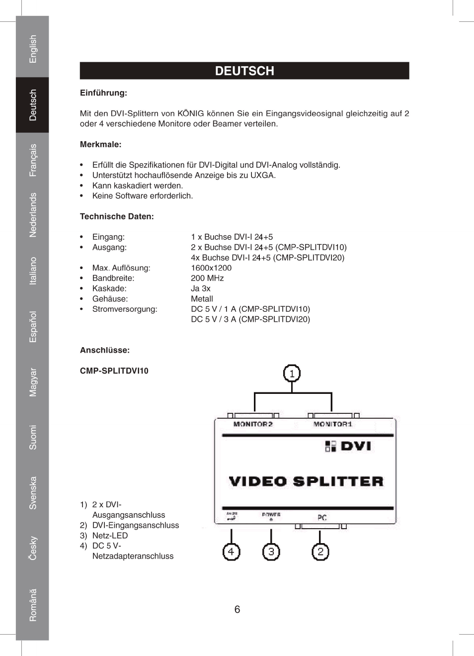 Konig Electronic 2 port dvi splitter User Manual | Page 6 / 48