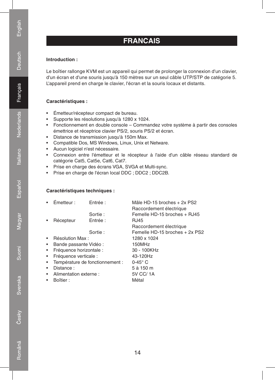 Francais | Konig Electronic KVM-extender by utp User Manual | Page 14 / 68