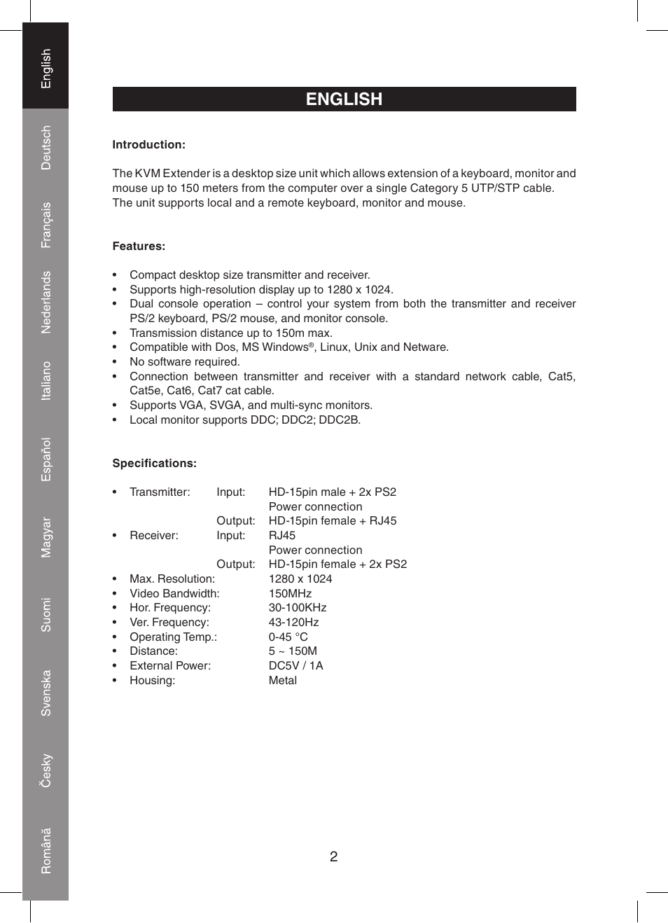 English | Konig Electronic KVM-extender by utp User Manual | Page 2 / 68