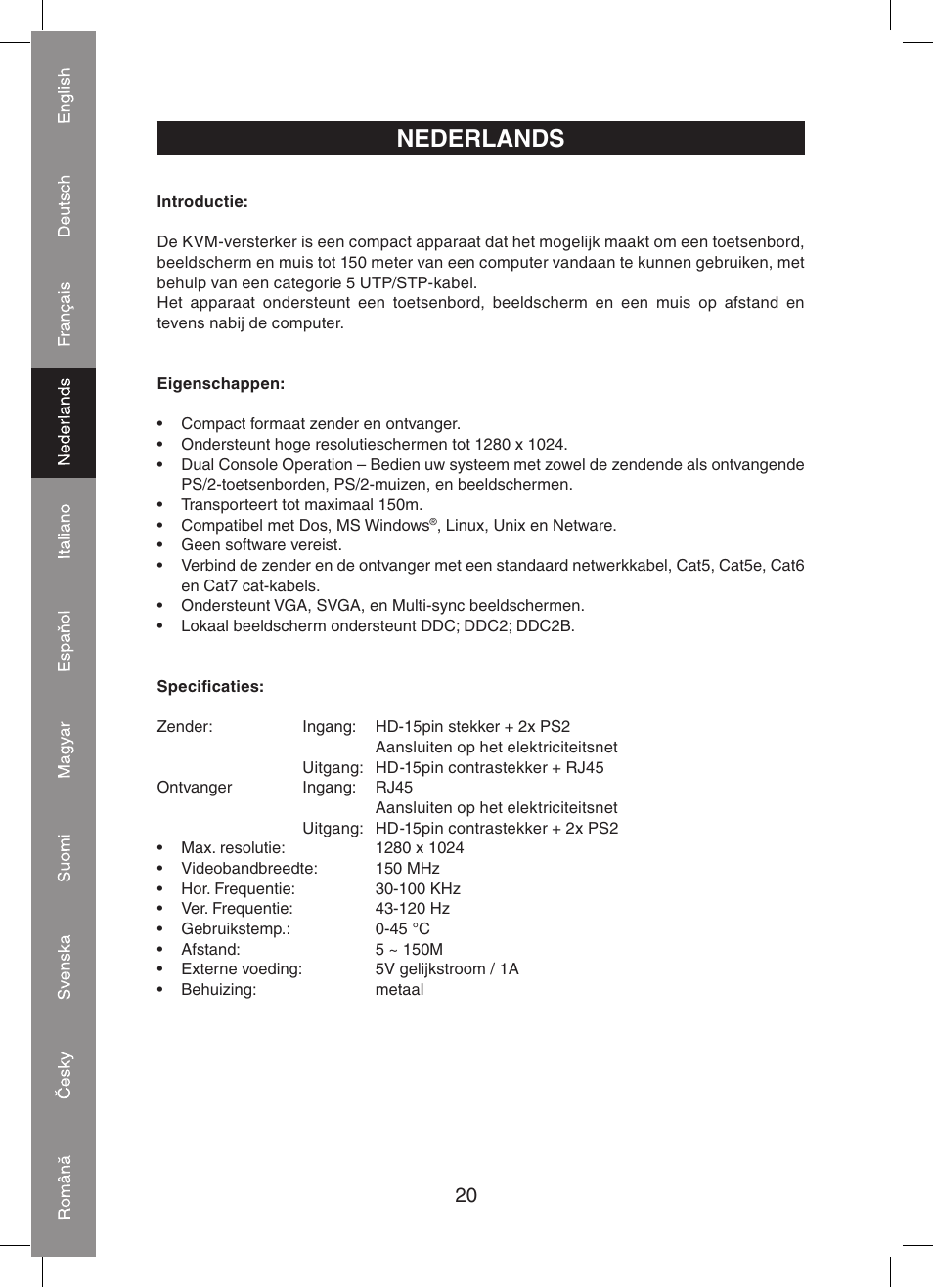 Nederlands | Konig Electronic KVM-extender by utp User Manual | Page 20 / 68