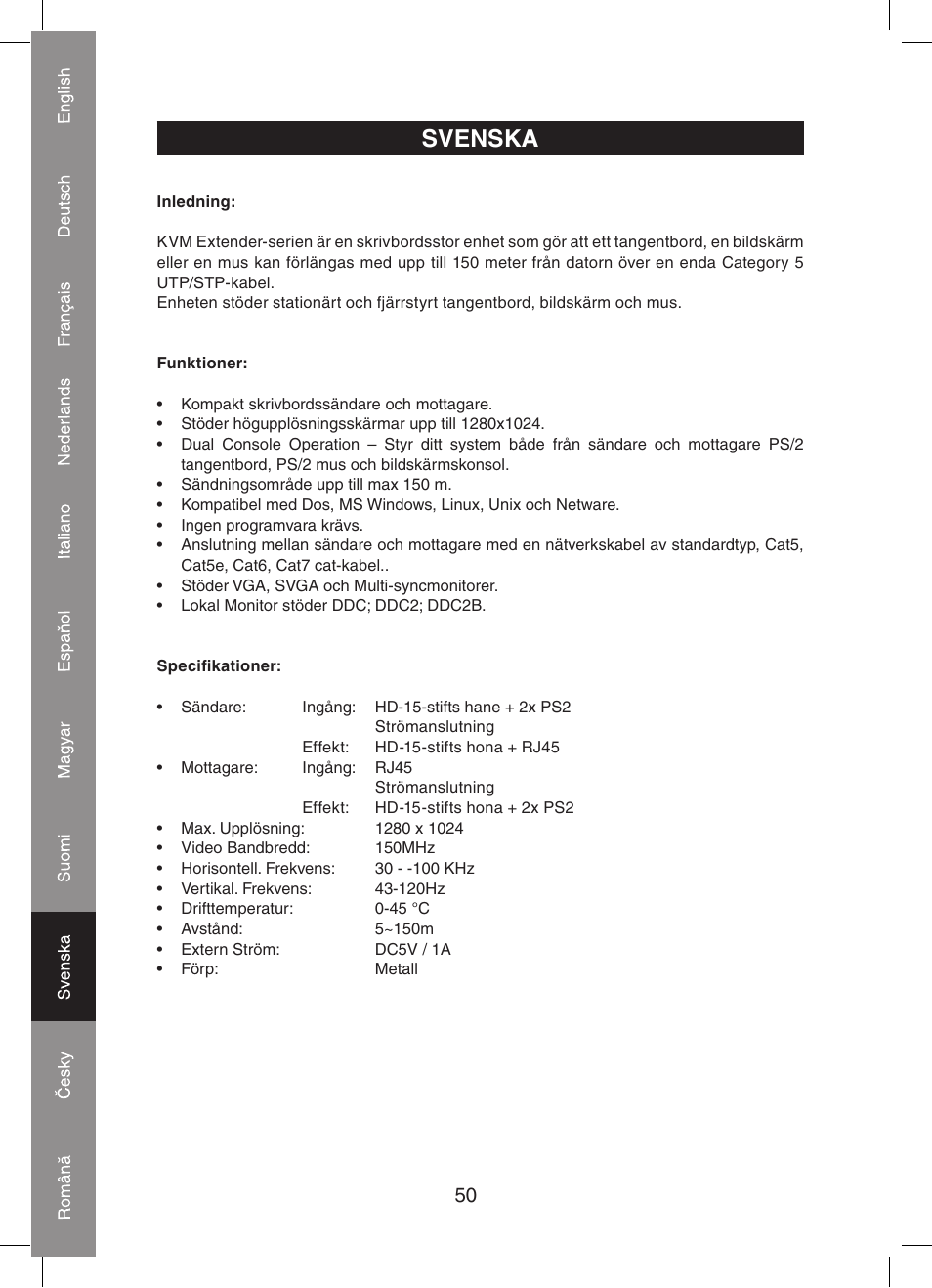 Svenska | Konig Electronic KVM-extender by utp User Manual | Page 50 / 68