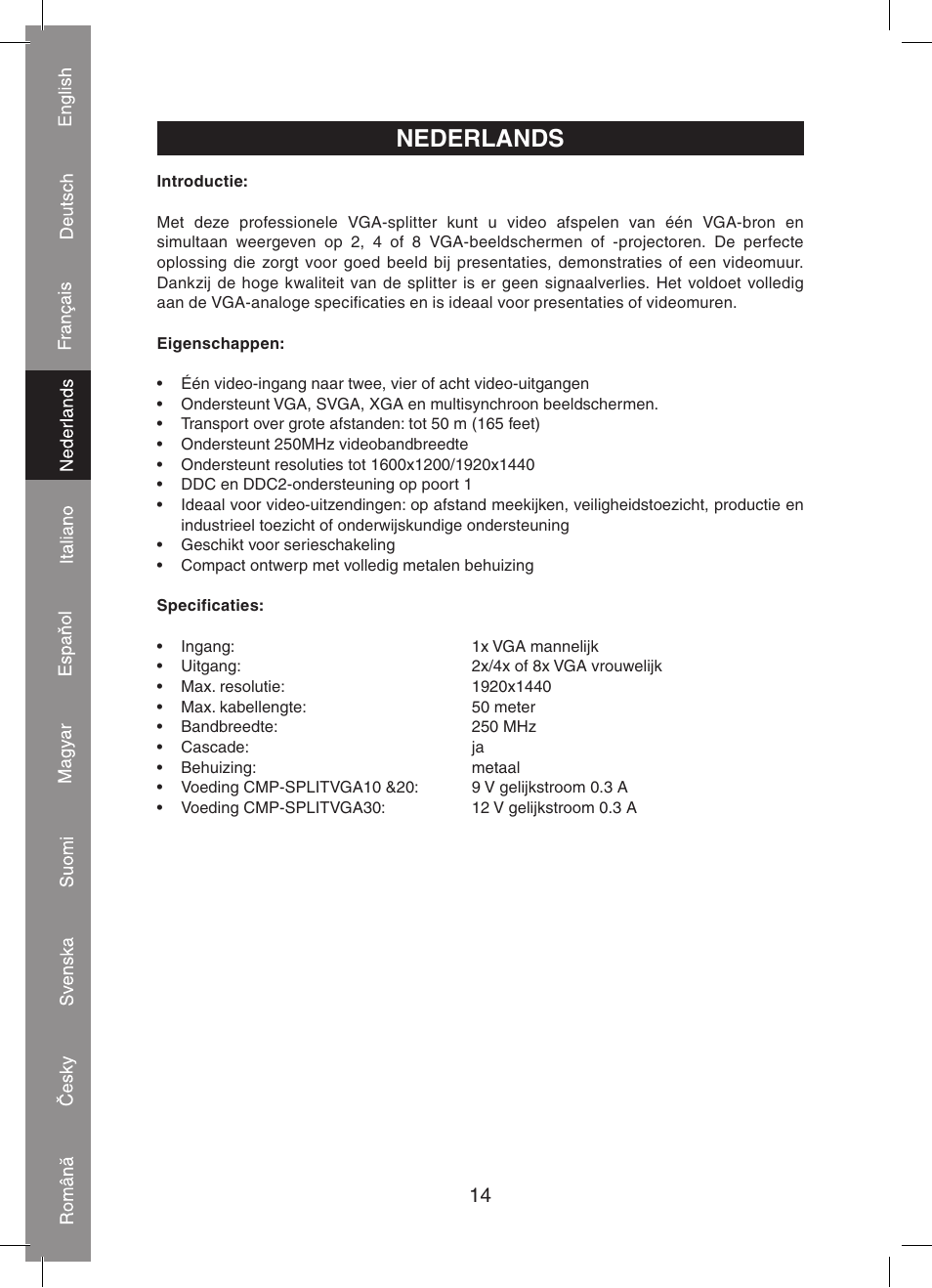 Nederlands | Konig Electronic 2 port professional VGA splitter User Manual | Page 14 / 48
