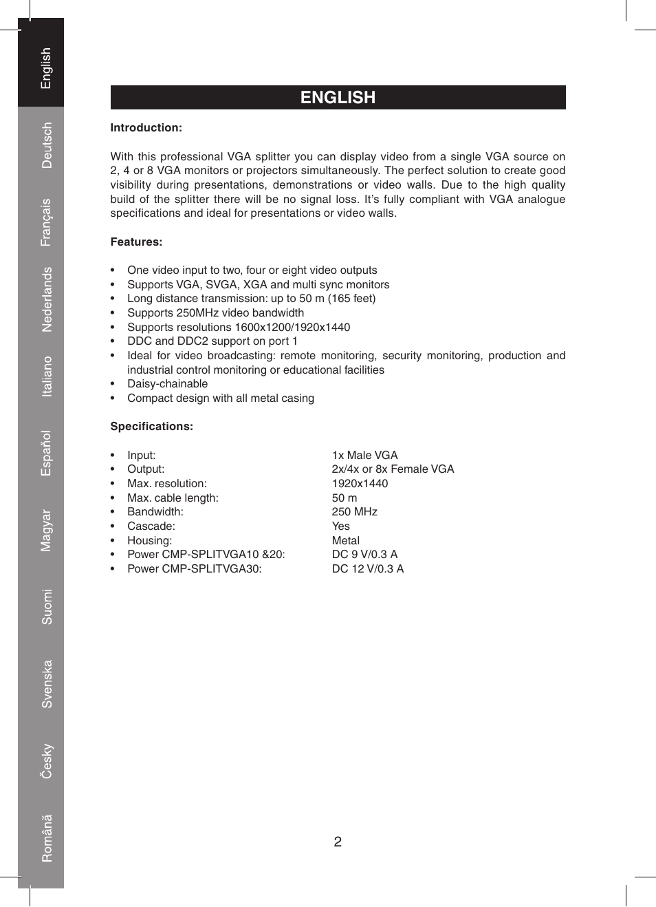 English | Konig Electronic 2 port professional VGA splitter User Manual | Page 2 / 48