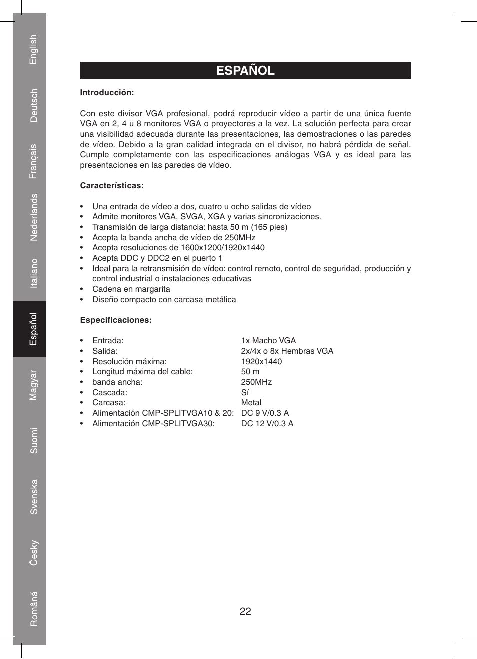 Español | Konig Electronic 2 port professional VGA splitter User Manual | Page 22 / 48