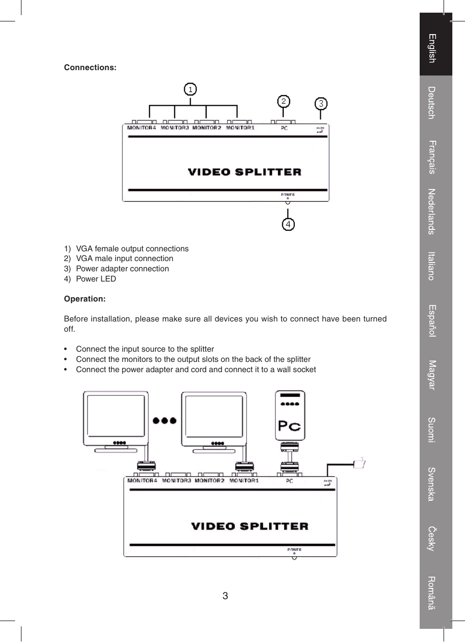 Konig Electronic 2 port professional VGA splitter User Manual | Page 3 / 48