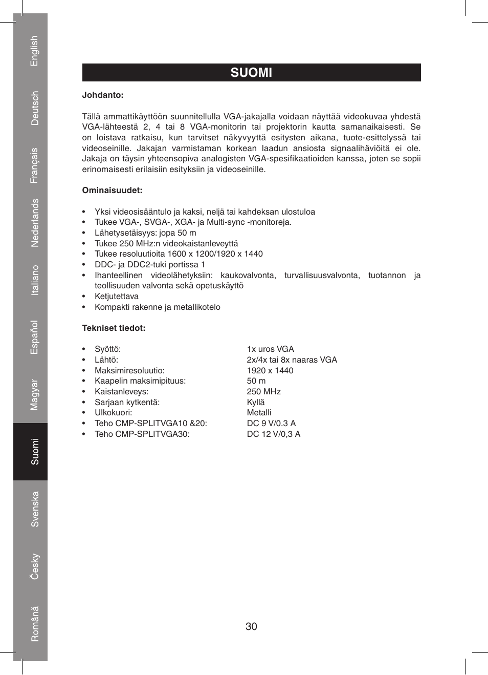 Suomi | Konig Electronic 2 port professional VGA splitter User Manual | Page 30 / 48