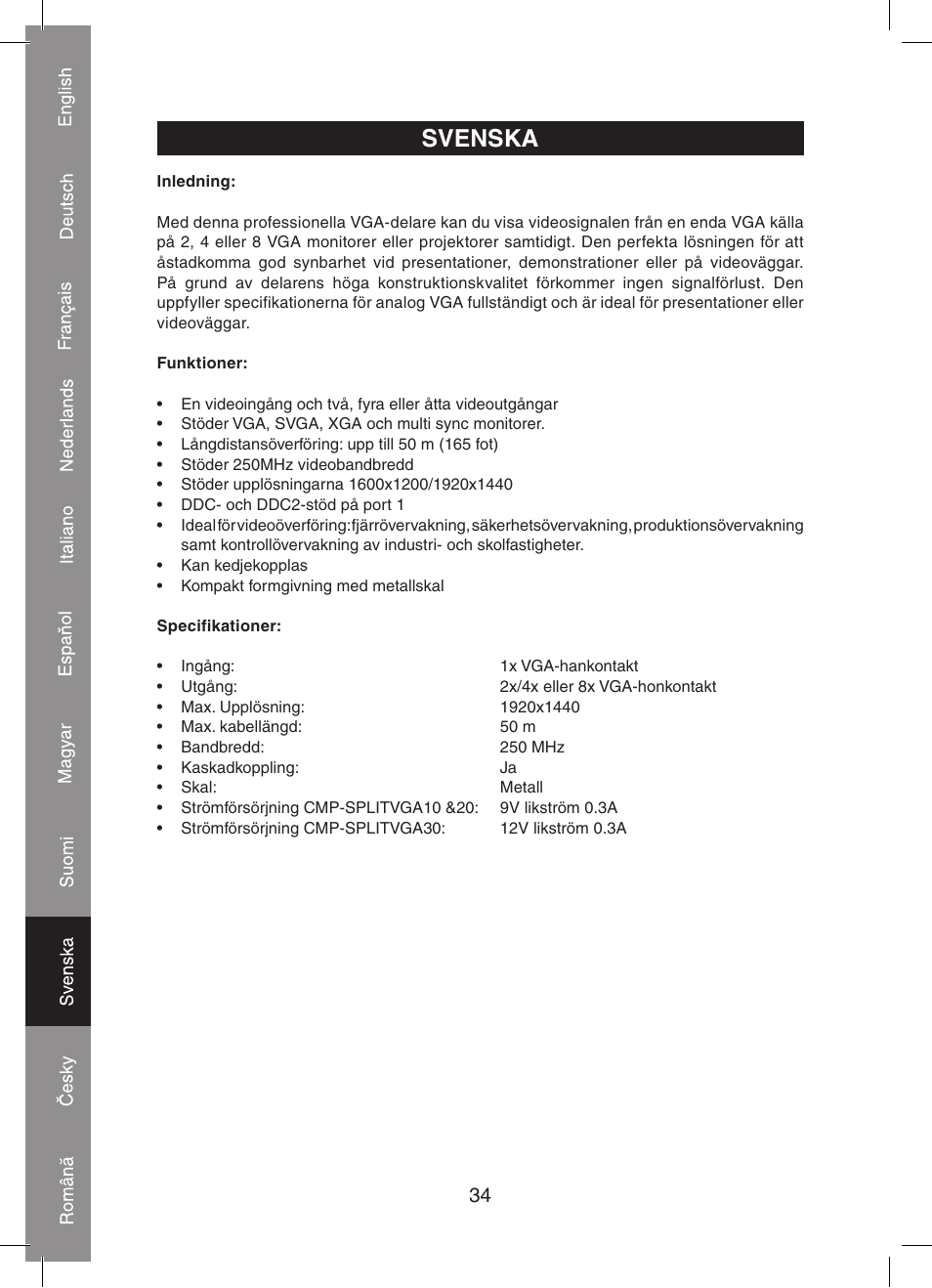 Svenska | Konig Electronic 2 port professional VGA splitter User Manual | Page 34 / 48