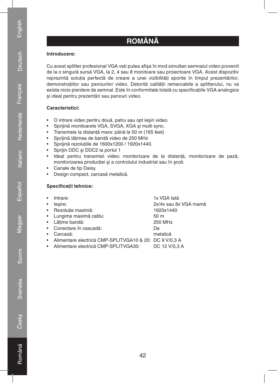 Română | Konig Electronic 2 port professional VGA splitter User Manual | Page 42 / 48