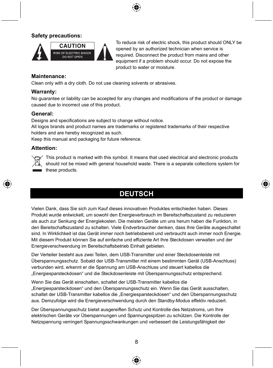 Deutsch | Konig Electronic Distribution board with USB remote control User Manual | Page 8 / 102