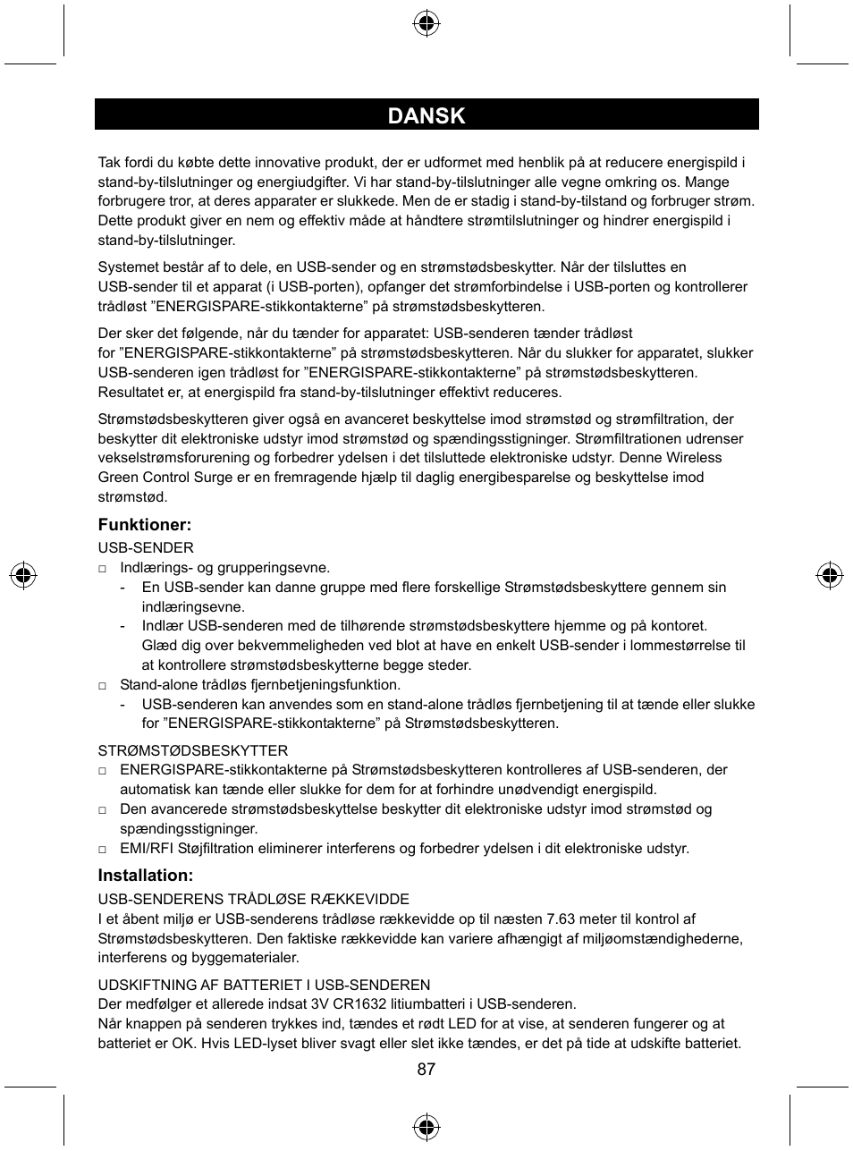 Dansk | Konig Electronic Distribution board with USB remote control User Manual | Page 87 / 102
