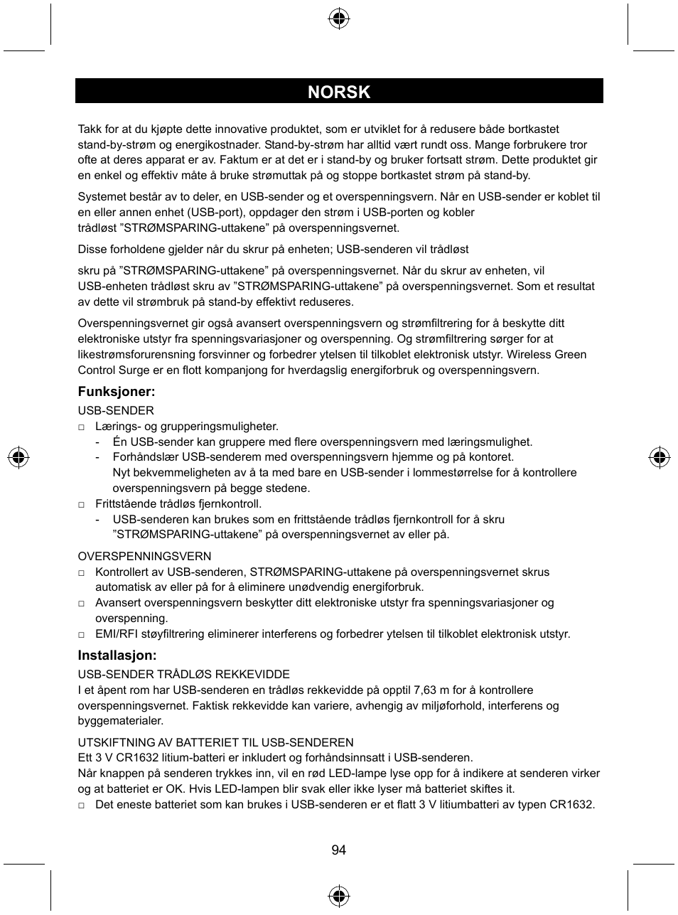 Norsk | Konig Electronic Distribution board with USB remote control User Manual | Page 94 / 102
