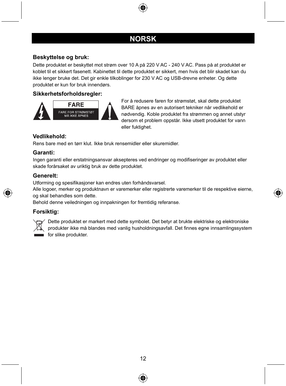 Norsk | Konig Electronic Travel distribution board User Manual | Page 12 / 14