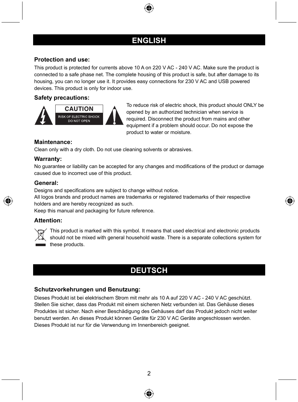 English, Deutsch | Konig Electronic Travel distribution board User Manual | Page 2 / 14