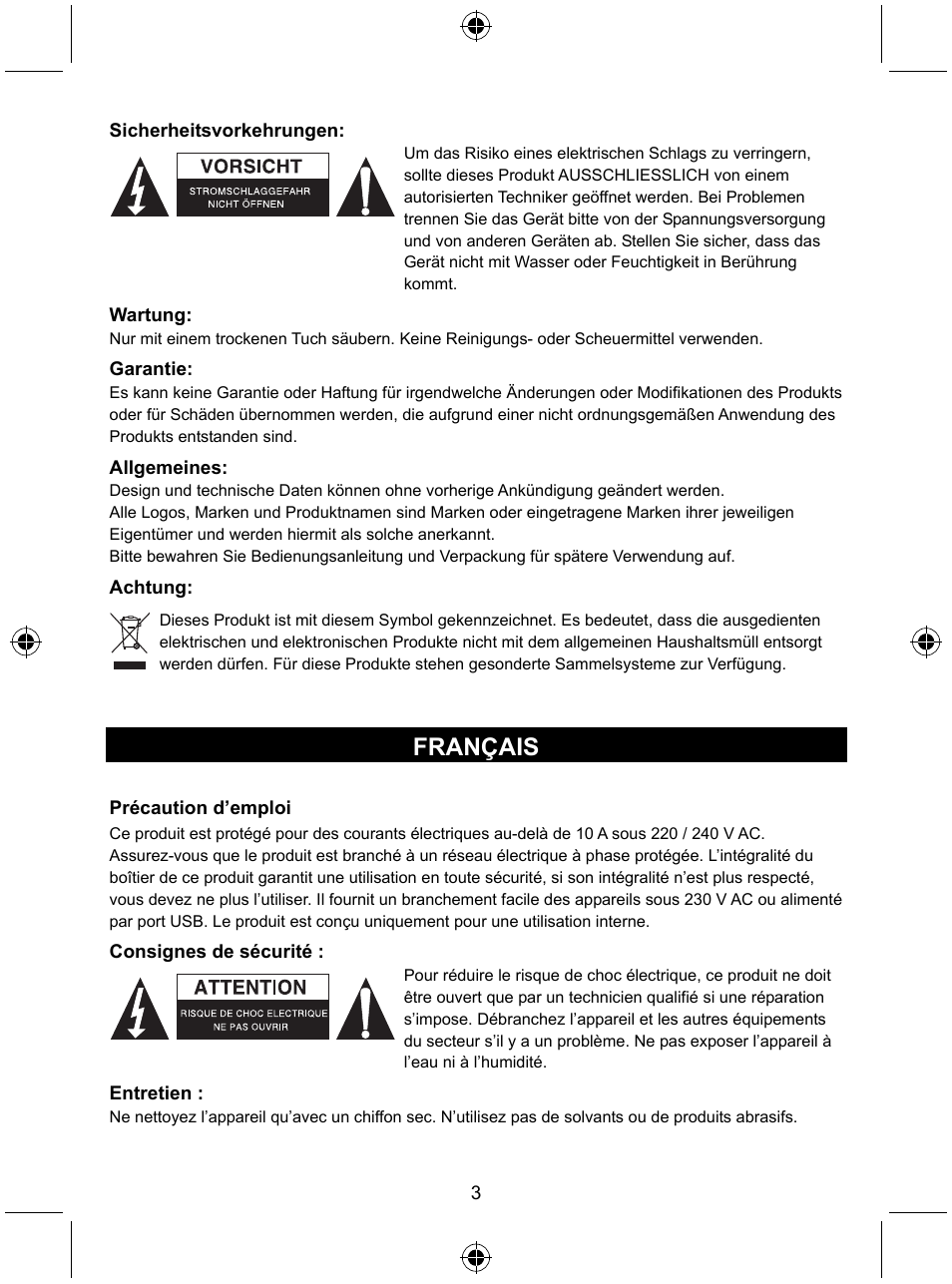 Français | Konig Electronic Travel distribution board User Manual | Page 3 / 14