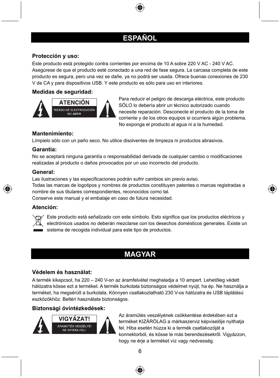 Español, Magyar | Konig Electronic Travel distribution board User Manual | Page 6 / 14