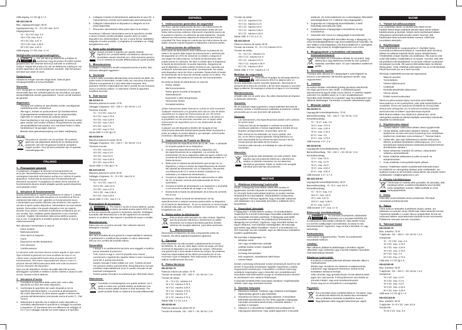 Gevaar voor elektrische schok niet openen, Rischio di scosse elettriche non aprire, Riesgo de electrocución no abrir | Áramütés veszélye! ne nyissa fel | Konig Electronic Universal ultra- & notebook AC adapter 70W User Manual | Page 2 / 4