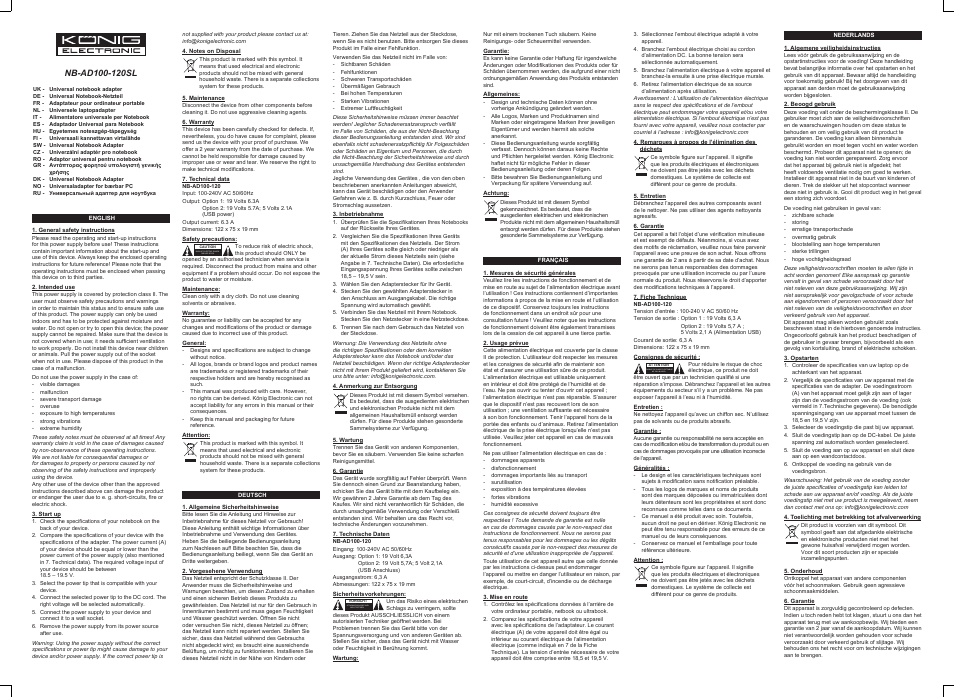 Konig Electronic Universal notebook adapter ultra slim 120W User Manual | 4 pages