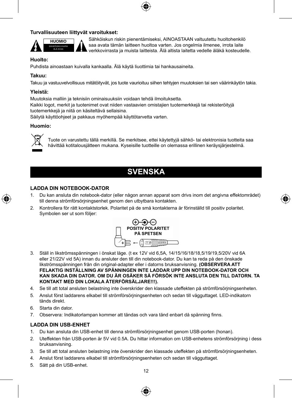 Svenska, Bruksanvisning (s. 12), Högkvalitets universaladapter för | Notebook 125w | Konig Electronic Universal notebook adapter 125 W User Manual | Page 12 / 18