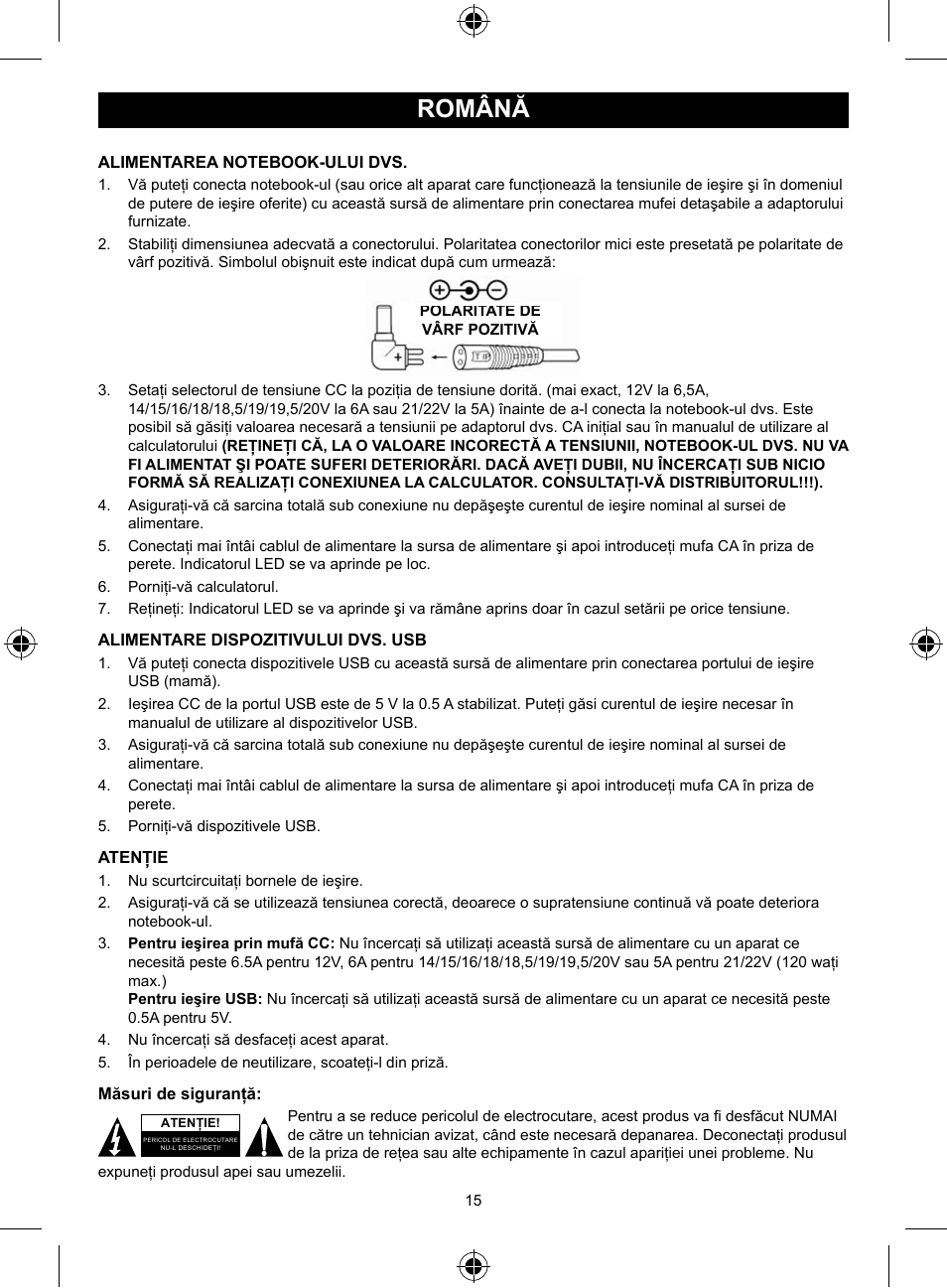 Română, Manual de utilizare (p. 15), Adaptor notebook universal de | Înaltă calitate 125w | Konig Electronic Universal notebook adapter 125 W User Manual | Page 15 / 18