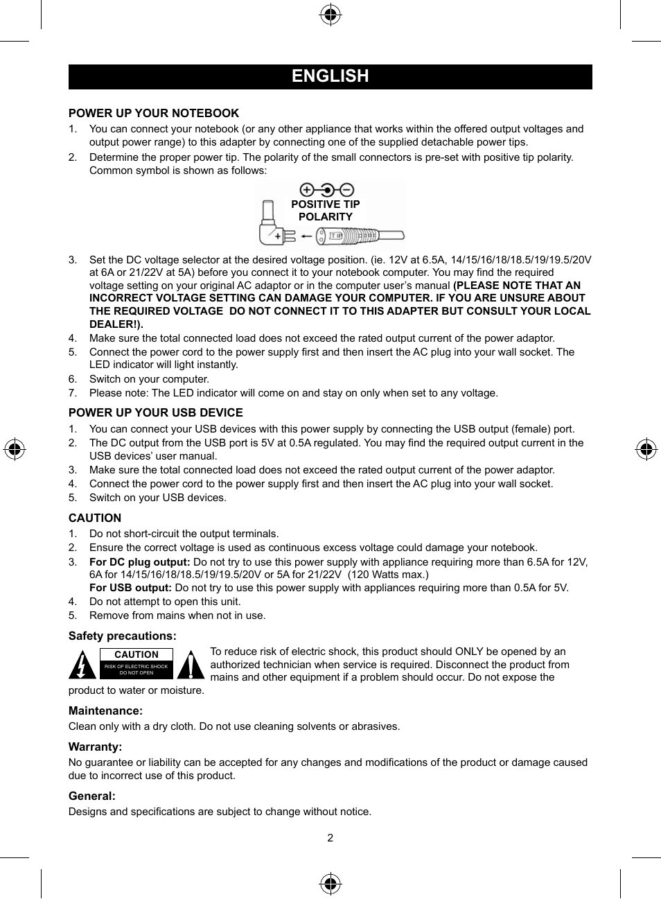 English, Manual (p. 2), High quality universal notebook | Adapter 125w | Konig Electronic Universal notebook adapter 125 W User Manual | Page 2 / 18