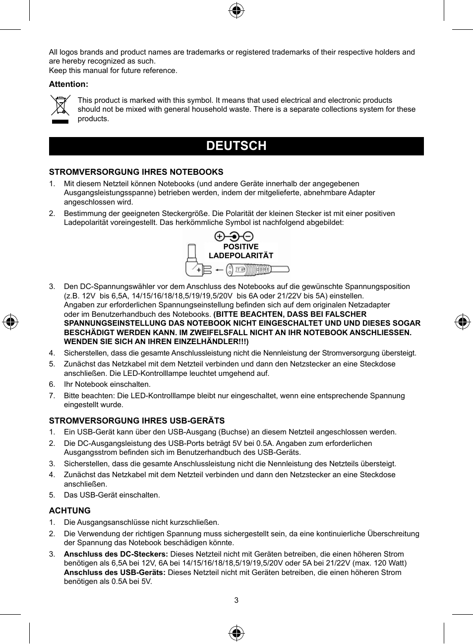 Deutsch, Anleitung (s. 3), Hochwertiger 125w | Universaladapter für notebooks | Konig Electronic Universal notebook adapter 125 W User Manual | Page 3 / 18
