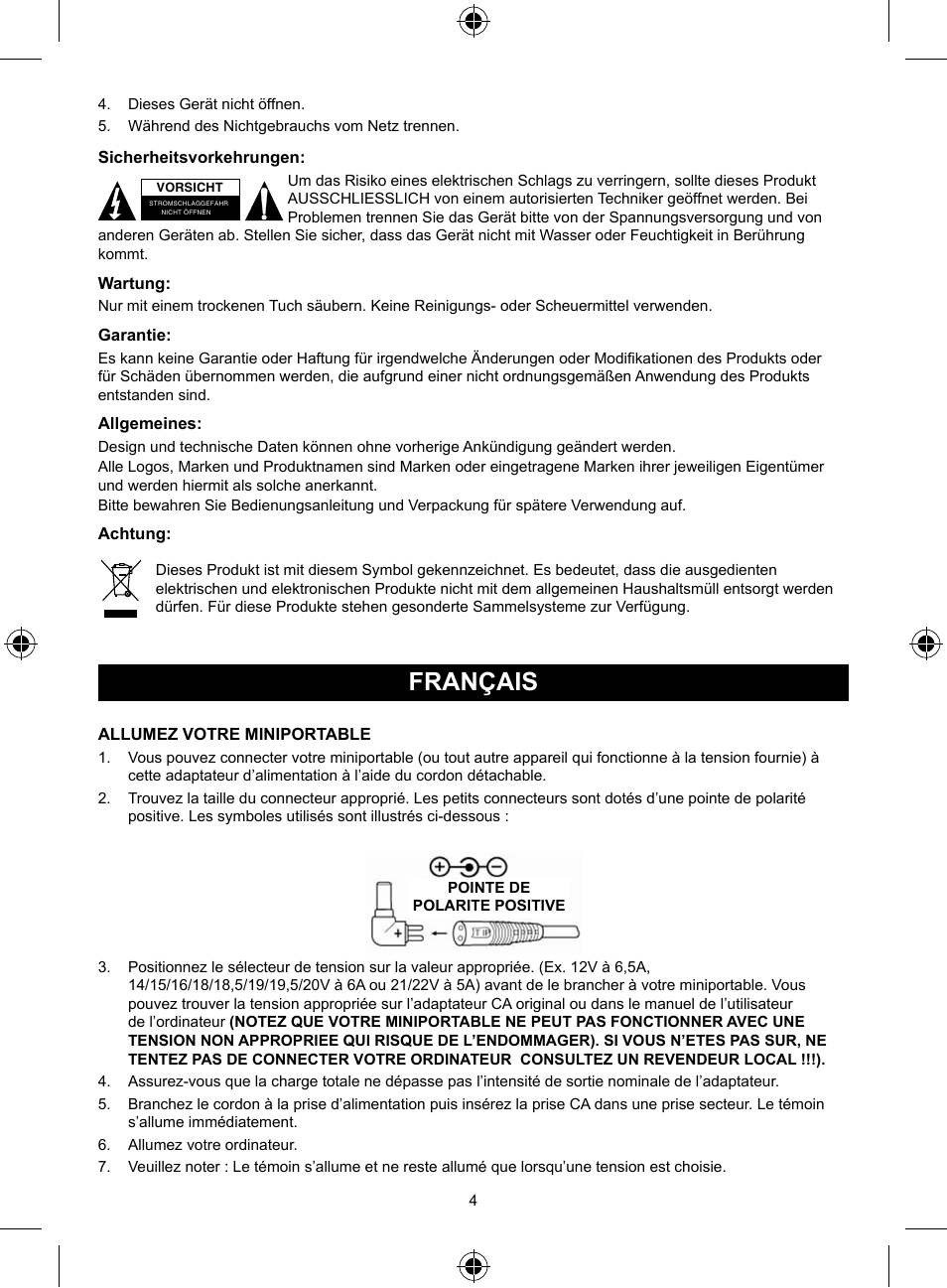 Français, Mode d’emploi (p. 4), Adaptateur universel 125 w pour | Miniportables de grande qualité | Konig Electronic Universal notebook adapter 125 W User Manual | Page 4 / 18