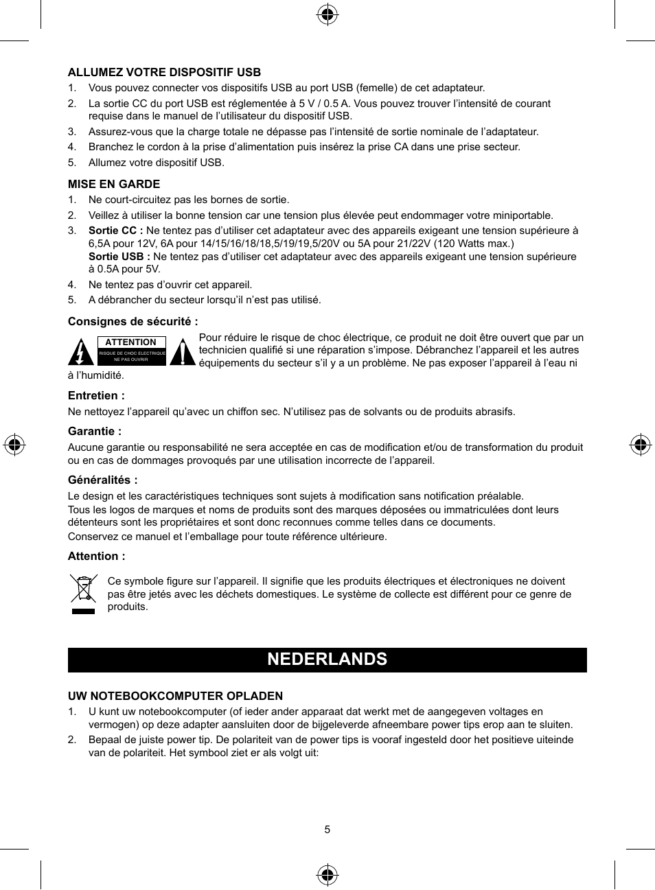 Nederlands, Gebruiksaanwijzing (p. 5), Universele notebookadapter van | Hoge kwaliteit 125w | Konig Electronic Universal notebook adapter 125 W User Manual | Page 5 / 18