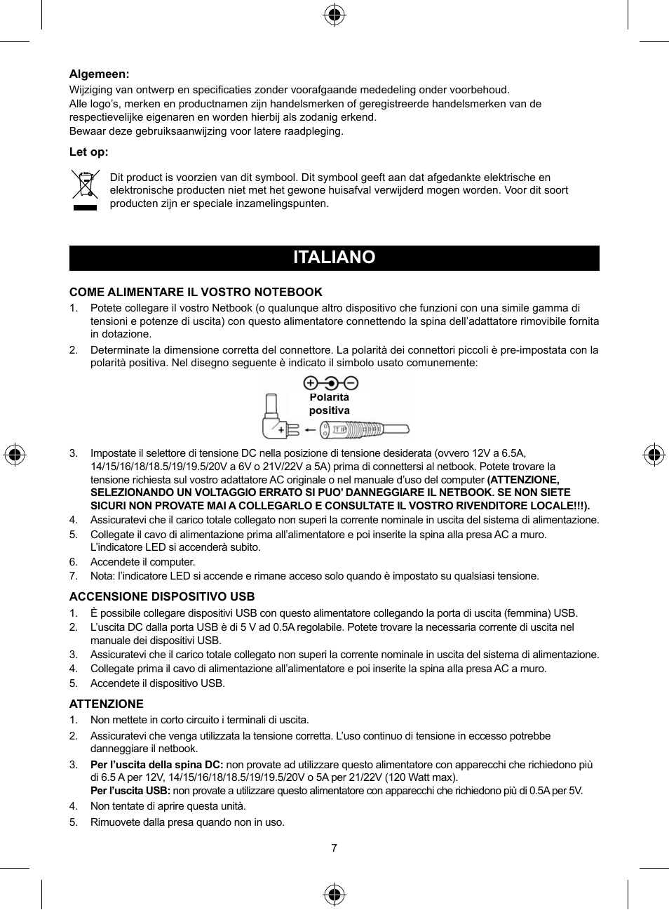 Italiano, Manuale (p. 7), Alimentatore universale di alta | Qualità per notebook 125w | Konig Electronic Universal notebook adapter 125 W User Manual | Page 7 / 18