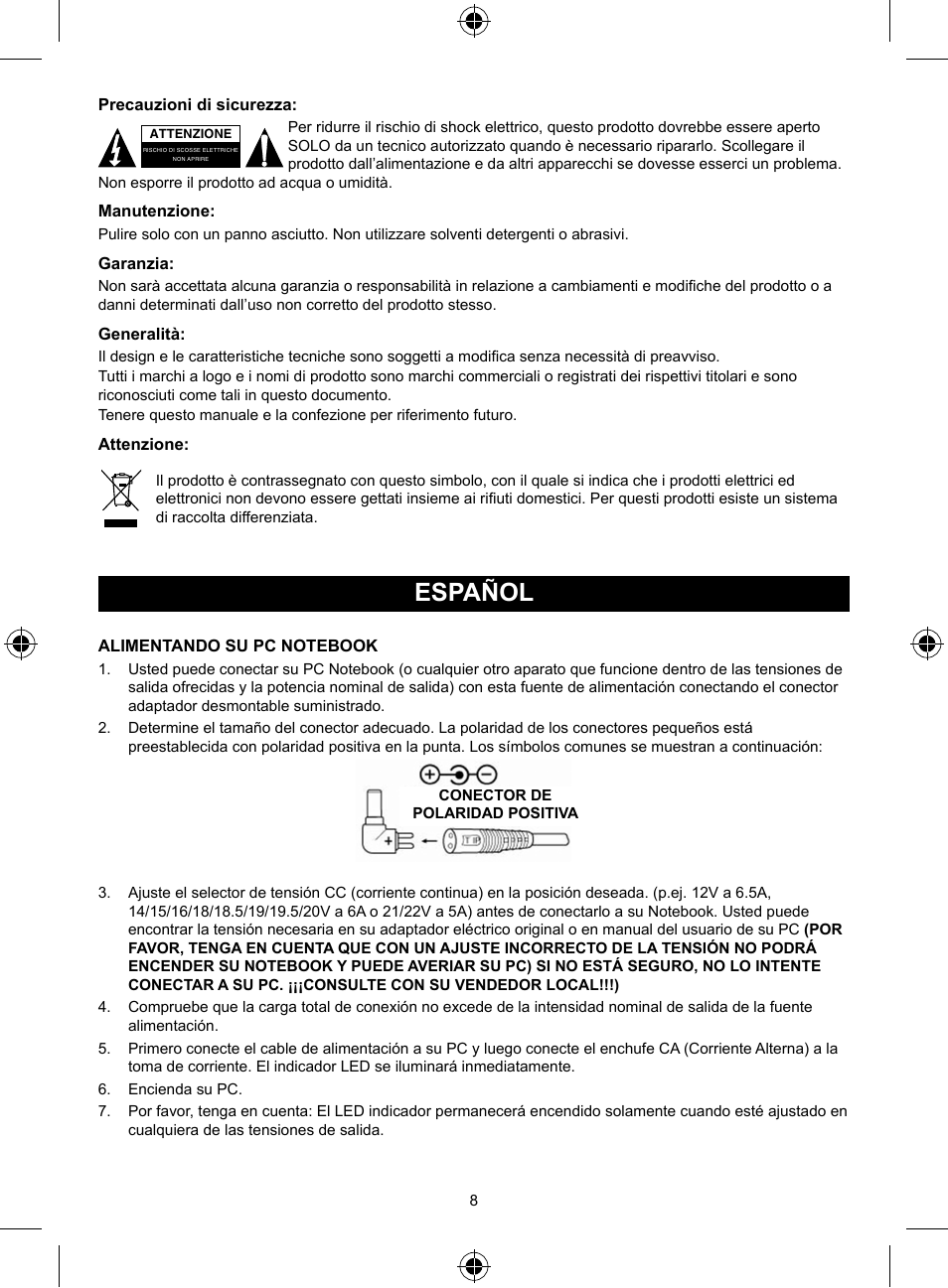 Español, Manual de uso (p. 8), Adaptador universal 125w de alta | Calidad para notebook | Konig Electronic Universal notebook adapter 125 W User Manual | Page 8 / 18