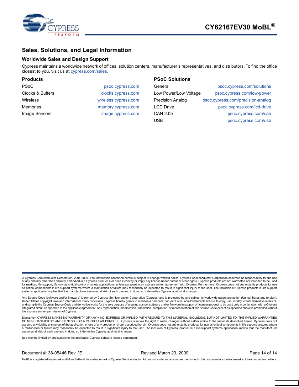 Sales, solutions, and legal information, Worldwide sales and design support, Products | Psoc solutions | Cypress CY62167EV30 User Manual | Page 14 / 14