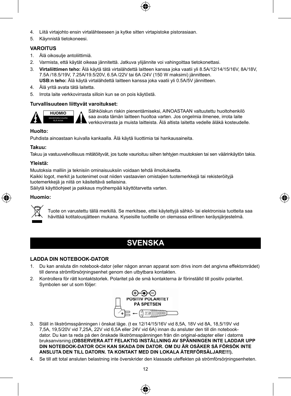 Svenska, Bruksanvisning (s. 12), Högkvalitets universaladapter för | Notebook 150w | Konig Electronic Universal notebook adapter 150 W User Manual | Page 12 / 18