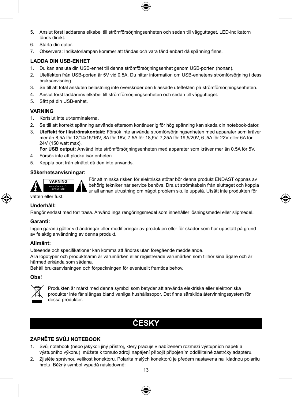 Česky, Návod k použití (s. 13), Vysoce kvalitní univerzální adaptér | 150 w pro notebook | Konig Electronic Universal notebook adapter 150 W User Manual | Page 13 / 18